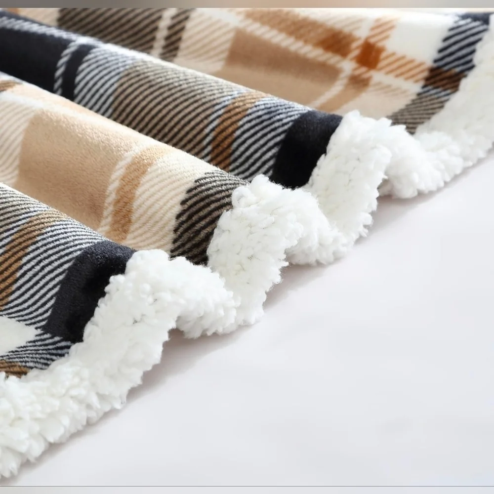 Eddie Bauer Plaid Sherpa Throw Blanket - Black, Tan, and Cream, 50